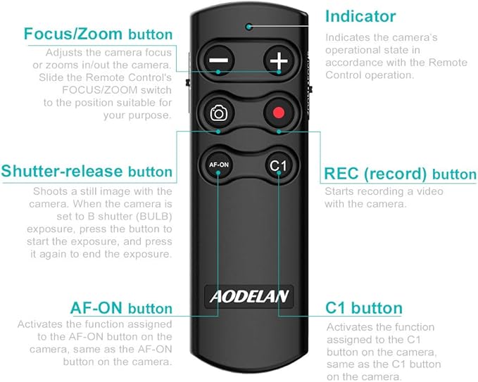 AODELAN Camera Remote Control Remote Shutter Commander for Sony ZV-E10,FX3,A1,a6100, a6400, a6600, a7C, a7 III, a7R III, a7R IV, a9, a9 II, DSC-RX0 II, DSC-RX100 VII, ZV-1; Replace Sony RMT-P1BT