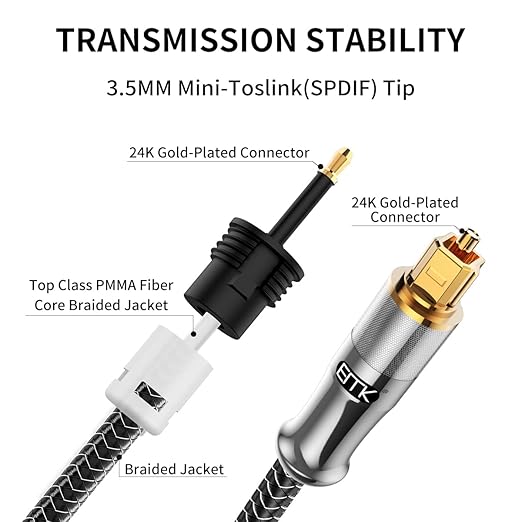 EMK 24K Gold-Plated Toslink to Mini Toslink Cable (6ft/2M) - Digital Optical Audio Cable with 3.5mm Mini Plug for Soundbar, Home Theater, TV - Silver SPDIF Fiber Optic Cable