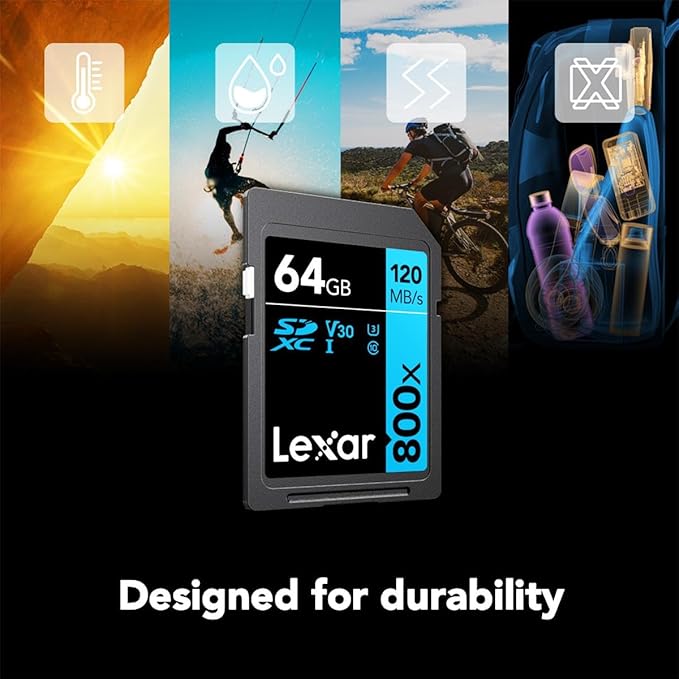 Lexar High-Performance 800x 64GB (2-Pack) SDXC UHS-I Memory Cards, C10, U3, V30, Full-HD & 4K Video, Up to 120MB/s Read, for Point-and-Shoot Cameras, Mid-Range DSLR, HD Camcorder (LSD0800064G-B2NNU)