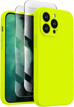 FireNova for iPhone 14 Pro Case, Silicone Upgraded [Camera Protection] Phone Case with [2 Screen Protectors], Soft Anti-Scratch Microfiber Lining Inside, 6.1 inch,Fluorescent Green
