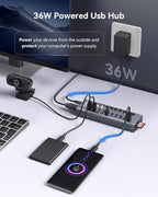 WENTER Powered USB Hub 3.0 with SD/TF Card Reader, Aluminum 10 Port Powered USB Hub (9 USB 3.0 Data Transfer Port & 1 USB Fast Charging Port Hub) USB 3.0 Hub for PC, Laptop