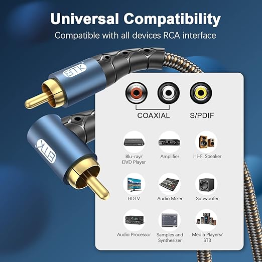 EMK RCA Subwoofer Cable 90 Degree RCA to RCA Audio Cable 24K Gold-Plated Nylon Braided Double Shielded Digital Analogue Supports Amplifiers,Home Theater,Hi-Fi Systems,Subwoofer(3.3ft/1m)