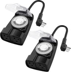 G-Homa 24 Hour Mechanical Outdoor Timer Outlet, Outdoor Timer for Lights, Waterproof, 2 Grounded Outlets, 15A 1/2HP, Heavy Duty, ETL Listed (2 Packs)