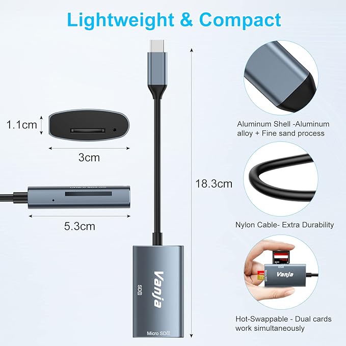 Vanja SD Card Reader USB C, High-Speed USB 3.0 Micro SD Card Adapter for SD SDXC SDHC MicroSD | Compatible with iPhone 17/16/15, MacBook Pro/Air, iPad Pro, Laptop, Galaxy Smartphones