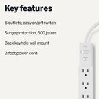 Amazon Basics Rectangle 6-Outlet, 600 Joule Surge Protector Power Strip, 2ft, Small, White, 2-Pack