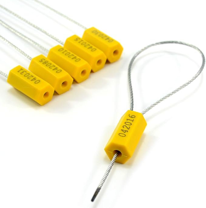 Leadseals(R) 50 Security Cable Seals Numbered Security Tags Tamper Proof Tags Pull Tight Steel Wire Seals for Truck, Trailers, Cargo, Containers, Vans, Oil Tank, Milk Vehicle (Yellow)