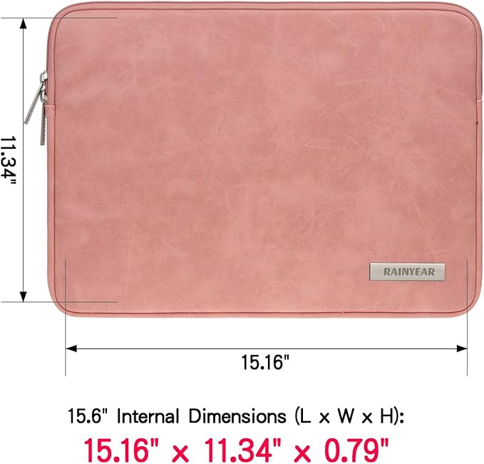 RAINYEAR 15.6 Inch Laptop Sleeve Protective Case PU Suede Leather Zipper Padded Cover Water Resistant Carrying Bag Compatible with 15.6" Notebook Computer Chromebook(Coral)