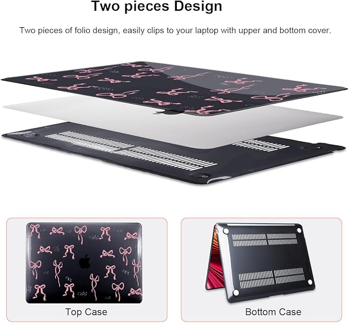 for MacBook Air 13 inch Case 2021 2020 2019 2018 Release M1 A2337 A2179 A1932, Pritned Pattern Plastic Hard Case Cover for MacBook Air 13 M1 with Retina Display Touch ID, Pink Bowknot Black