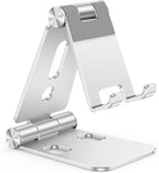 OMOTON Foldable Cell Phone Stand, C4 Portable Aluminum Phone Holder, Adjustable Phone Dock Cradle Compatible with iPhone 16/15/14/13 Pro Max, Samsung Galaxy, Small Tablets, All Smart Phones, Silver