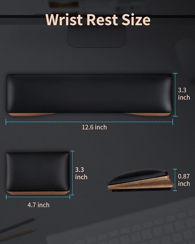 ASFSKY Keyboard and Mouse Wrist Rest Set - Memory Foam & Wooden Base Ergonomic Wrist Support Pad with PU Leather Cover, Non-Slip, Durable & Easy-to-Clean Wrist Cushion for Office, Gaming Desk