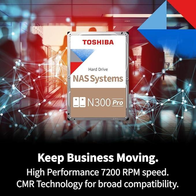 Toshiba N300 PRO 14TB Large-Sized Business NAS (up to 24 bays) 3.5-Inch Internal Hard Drive - Up to 300 TB/year Workload Rate CMR SATA 6 GB/s 7200 RPM 512 MB Cache - HDWG51EXZSTB