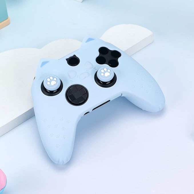 GeekShare Cat Paw Controller Skin Grips Set Anti-Slip Silicone Protective Cover Skin Case Compatible with Xbox Series X Controller with 2 Thumb Grip Caps and 1 Sticker (Blue)
