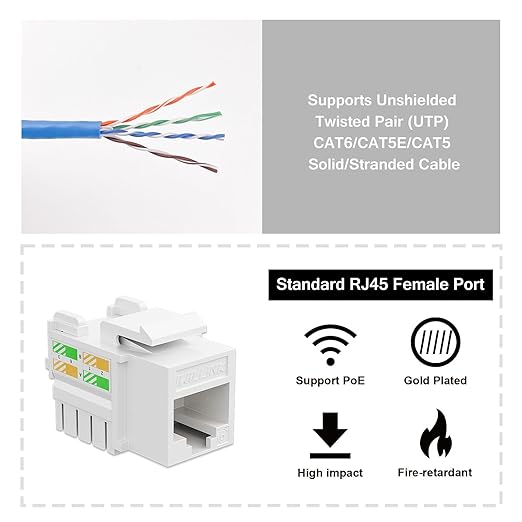 iwillink 10Gbps Cat6 Keystone Jack and Punch-Down Stand, 50-Pack, RJ45 Ethernet Keystone Jacks, 90-Degree UTP Modular Punch Down Keystone Jack Adapter, White