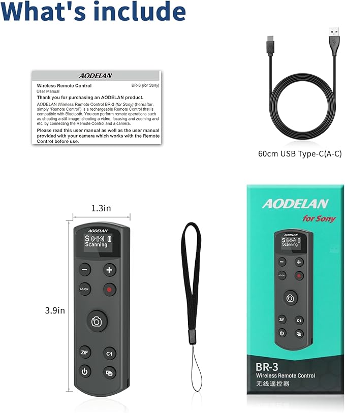 for Sony Camera Rechargeable Shutter Release, AODELAN Wireless Remote Control Zoom Focus Record Compatible with Sony ZV-E10,ZV-1F,ZV-1,A6400,A6700,A7C,A7III,A9,A9 II,DSC-RX0 II,Replace RMT-P1BT(Black)