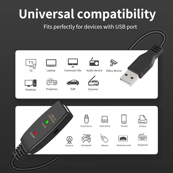 LDKCOK 150FT Active USB Extension Cable 2.0 Male to Female with A Extension chipset Signal Booster - Active Extension/Repeate