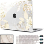 CISSOOK for MacBook Air 13 inch Case 2021 2020 2019 2018 Release Model A2337 A2179 A1932 with Retina Display +Touch ID, Plastic Hard Shell Case + Keyboard Cover for MacBook Air 13 M1, Golden Flowers