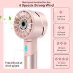 Handheld Fan, Mini Small Portable Turbo Fan, USB Type-C Rechargeable with 4 High Speeds Personal Fans, Max 16 Hours Working Time, Small Hand Fan for Travel, Camping, Office, Home, Outdoor - Pink