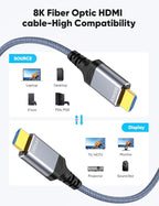 Highwings 8K60HZ HDMI Fiber Optic Cable 2.1 100FT Long, Unidirectional 48Gbps High Speed HDMI Cord 4K120Hz HDCP Compatible for Monitor Roku