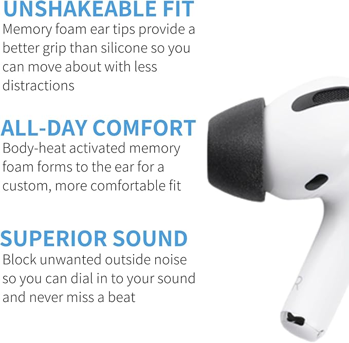 Comply Memory Foam Replacement Earbud Tips for Apple AirPods Pro 1 & 2 | Ultimate Comfort, Secure Fit, Superior Noise Isolation | Anti Slip, Prevent From Falling Out | Black (S/M/L) (3 Pairs)
