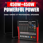 TF600 6-Channel Professional Mixer with Bluetooth Sound Bar with Power Amplifier 2 * 450W Power Output Powered Mixer, 7-Stage Equalizer, 99 DSP Effects, Recording Input USB Drive for Speakers