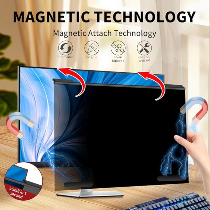 Magnetic Computer Privacy Screen Filter 21.5 Inch, Removable Hanging Aluminum Alloy Privacy Shield for 16:9 Widescreen Monitor, Anti Spy Anti Scratch Anti Glare Blue Light Screen Guard