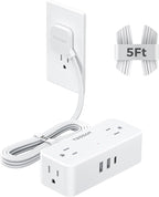 TESSAN 5 FT White Extension Cord, 900J Surge Protector Small Power Strip with 3 USB Ports (1 USB C), Flat Plug Power Strip, Mini Charging Station Suitable for Home Office Dorm