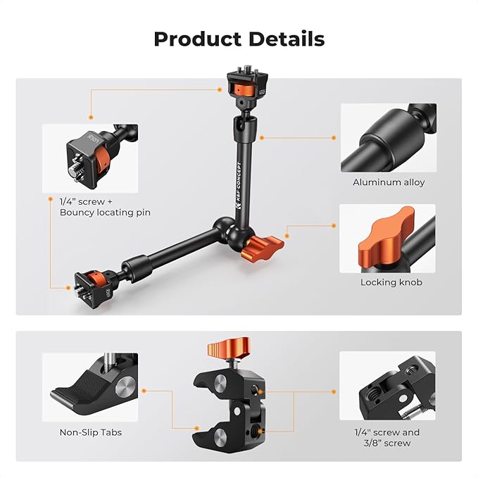 K&F Concept 11" Magic Arm Clamp Kit with ARRI 1/4" & 3/8" Thread Screw 360° Ball Heads Articulating Arm Camera Adapter for DSLR, Monitor, LED Light, Microphone, Camera Cage, Action Camera