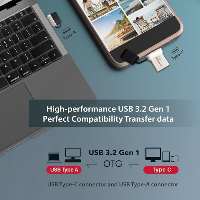 GIGASTONE 256GB Nano Luxus Dual Drive, Z50 USB 3.2 Gen 1, 2-in-1 USB-A & Type-C, 100MB/s Ultra Fast, Cap Design, Metal, Plug & Play for Smartphone/PC/Mac/TV/Car, 2.0/3.0/3.1 Compatible