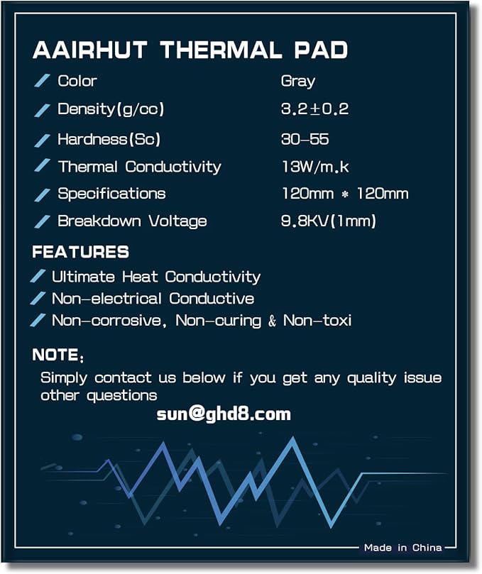 Aairhut Thermal Pad 13W/mK, 120x120x1mm Silicone Cooling Pad GPU CPU Non Conductive Heat Resistance Extreme Odyssey Cover with Dual Self-Adhesive Films for PC Laptop Heatsink/GPU/CPU/LED