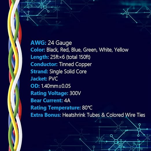 Fermerry 24 AWG Solid Core Wire Spool 25ft Each 6 Colors Flexible 24 Gauge Hook up Wire Kit Electrical Tinned Copper Wire PVC