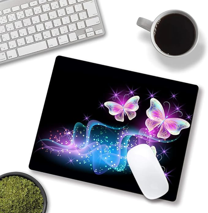 IMAYONDIA Glowing Night Pink Butterflies Mouse Mat - Square Waterproof Non-Slip Rubber Base Mouse Pad for Computer Laptop