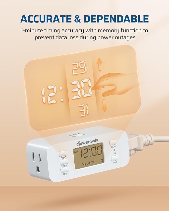 DEWENWILS 24 Hour Programmable Digital Timer Outlet, Timers for Electrical Outlets, Indoor Light Timers for Lamp Fan Aquarium, 2 Grounded Outlet, 125V/15A Resistive/1000W Tungsten, 3 Prong, 1 Pack