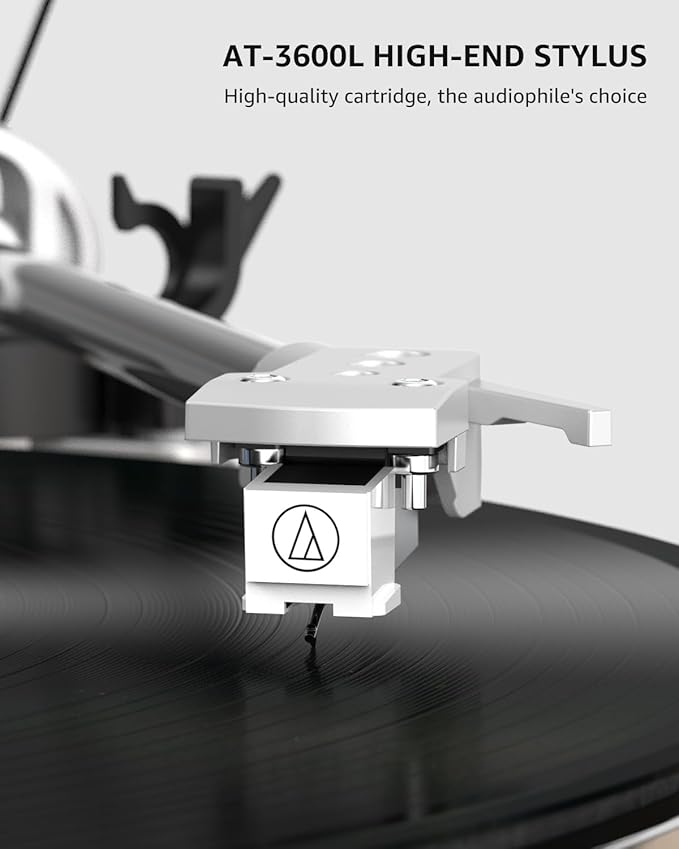 Turntable Record Player Wireless Output Carbon Fiber Tonearm Vinyl Player Aluminium Platter Belt-Drive LP Turn Tables 33 1/3&45 RPM Audio Phono RCA Line Out AT-3600L MM Cartridge Pale Walnut White