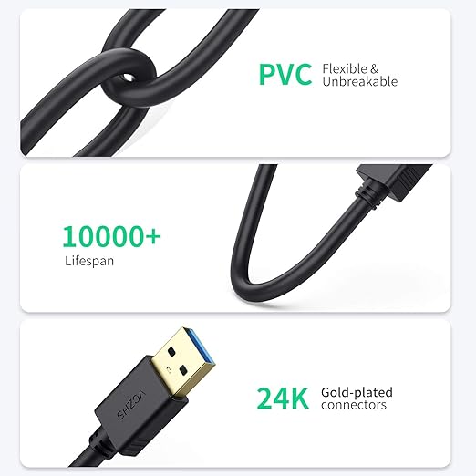 VCZHS Tech 25 ft USB Extension Cable - High Speed USB 3.0 Extender Male to Female Cord, Durable & Flexible for Mouse, Keyboard, Printer, Flash Drive, Webcam, and More