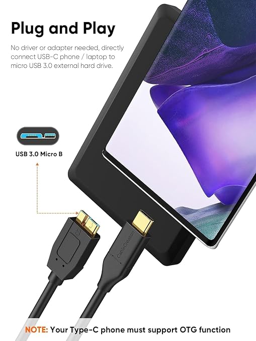 CableCreation 1FT*3 USB C to Micro B Cable,10Gbps Speed External Hard Drive Braided,USB 3.1 Type C to Micro B Work for iPhone 15/16,Seagate WD Westgate My Passport,MacBook Pro, iPad/Tablet,Black