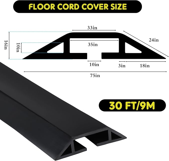 Pangda 30 FT Floor Cable Cover Heavy Duty Cord Cover Protector Power Cable Protector Soft Extension, Organize and Protect Wire on Floor for Home Office or Outdoor Settings (Black)
