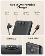 VRURC Portable Charger Built-in Cables and AC Wall Plug, USB C Power Bank 10000mAh, Travel Essentials Phone Charger Compact Lightweight External Battery Pack for Smart Phones, Tablets-Pure Black