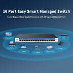 16 Port Gigabit Switch, Easy Smart Managed Ethernet Switch, Network Hub, Ethernet Splitter, Plug & Play, Fanless Metal Design, VLAN, Qos, Desktop or Wall Mount