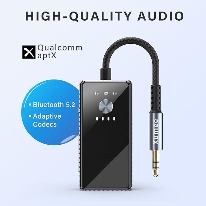 Xumee Airplane Bluetooth 5.2 Transmitter for 2 AirPods or Headphones, aptX Low Latency, 3.5mm AUX Jack & Bluetooth Receiver – Wireless Audio Adapter for Plane Travel, TV, Gym,Car,Speakers (Grey)