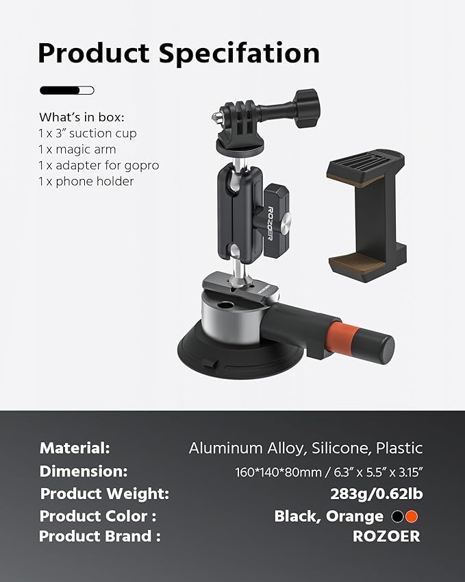 3" Suction Cup Mount Kit for Action Cams/Phone/360 Camera/DSLR Comes with Adapter for GoPro, Phone Clip, 3.84" Universal Magic Arm