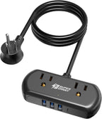 2Ft Extension Cord, SUPERDANNY Mini Surge Protector with 2 Wide-Spaced Outlets, USB Power Strip, 3 USB-A 1 USB-C, Flat Plug, Compact Size Desktop Charging Station Travel, Home, Office, Black