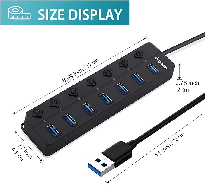 USB 3.0 Splitter, 7-Port USB 3.0 Hub with Individual Power Switches and Lights, Portable Expansion Data Hub with 5V/2A Power Adapter for Windows 10, 8.1, 8, 7, Vista, XP, Linux, Mac OS X
