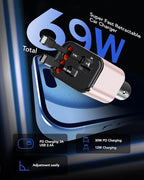 Retractable Car Charger, 4 in 1 Fast Car Phone Charger 69W, 2 Retractable Cables and 2 USB Port, Compatible with iPhone 16/15/14/13/12/11,Galaxy,Pixel