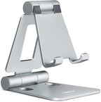 Nulaxy Dual Folding Cell Phone Stand, Fully Adjustable Foldable Desktop Phone Holder Cradle Dock Compatible with iPhone 17 16 15 14 13 12 11 Pro Max Xs Xr X 8, Nintendo Switch, All Phones - Silver