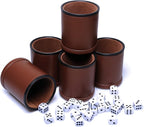 5 Pack PU Leather Dice Cups Felt Lining Quiet Shaker with 30 Dot Dice for Bar Party Yahtzee Farkle Dice Games