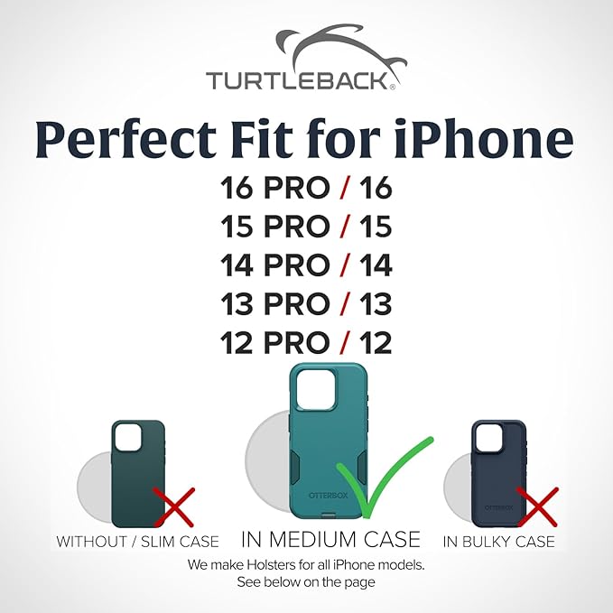 Turtleback Belt Clip for iPhone 16 Pro, 16e, 15 pro 14 Pro 13 Pro -Medium- Fits w/Shockproof Commuter Style Cases, Premium Black Leather, Horizontal Belt Holder, Magnetic Closure HD Rotating Clip