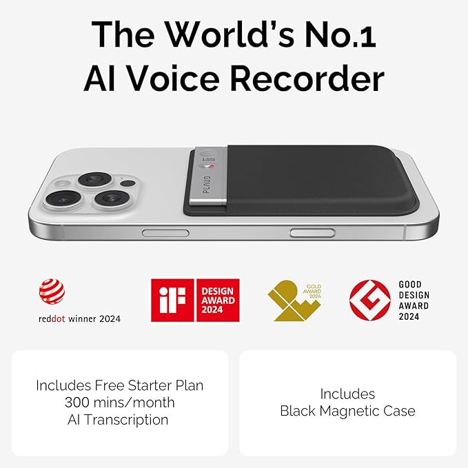 Plaud Note AI Voice Recorder Black with Black Case, App Control, Transcribe & Summarize with AI Technology, Support 112 Languages, 64GB Memory, Audio Recorder for Lectures, Meetings, Calls