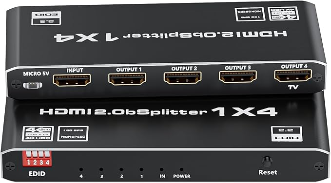 HDMI 2.0 Splitter 1 in 4 Out, LUKFOCAB 1x4 HDMI Splitter 4K@60Hz 8:8:8 HDR, HDMI 2.0, HDCP 2.2, 18Gbps, Auto EDID, Supports UHD 3D D-o-l-b-y 4 Ports Mirror Mode and Multichannel Audio Streams