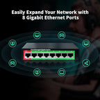 STEAMEMO 8-Port Gigabit Ethernet Switch | Smart Managed with VLAN & QoS | Plug & Play Desktop/Wall-Mount Network Hub w/ PoE in Design | Metal Housing & Web Managed(Includes Power Adapter)