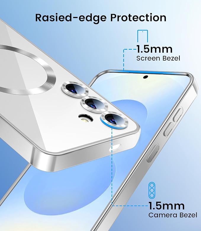 Slim Thin for Samsung Galaxy S25 Plus Case, Compatible with MagSafe, Built-in Camera Lens Protector, Shockproof Protective Phone Case, Soft Electroplated Clear Cover, Silver